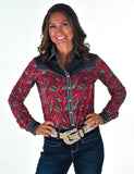 Cowgirl Tuff Pullover Button Up (Red Paisley With Gray Suede Stretch Jersey)