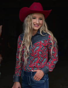 Cowgirl Tuff - Pullover Button Up (Red Paisley With Gray Suede Stretch Jersey)