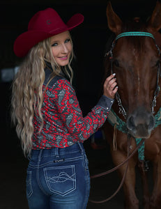 Cowgirl Tuff - Pullover Button Up (Red Paisley With Gray Suede Stretch Jersey)