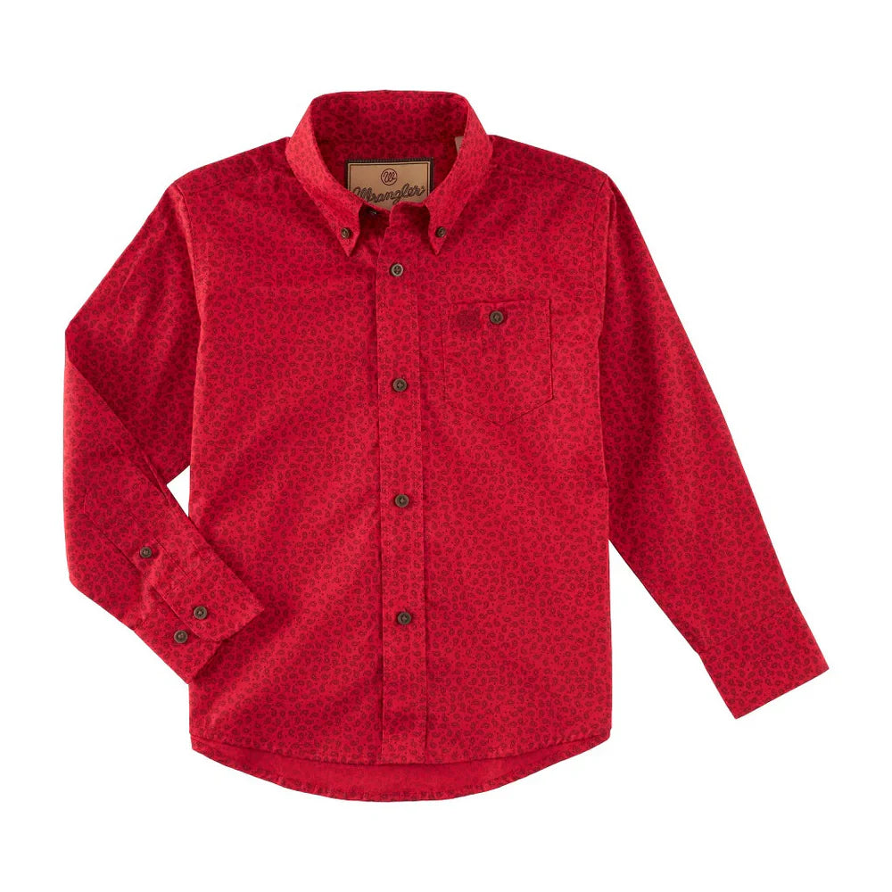 Youth Boys Red with Black paisley print Classic Button Down Shirt