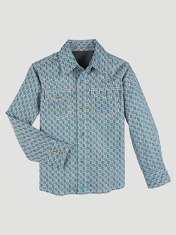 Boy's 20X® Advanced Comfort Western Snap Print Shirt in Teal Hatch