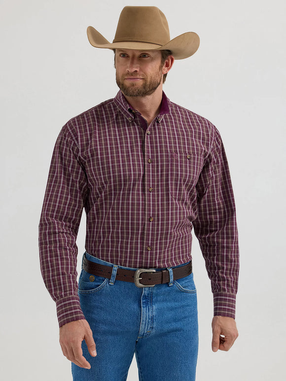 Wrangler George Strait Long Sleeve Button Down One Pocket Shirt- Plum Plaid