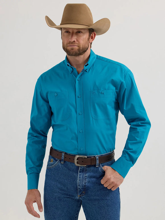 Wrangler George Strait Long Sleeve Button Down One Pocket Shirt- Teal