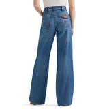 Rear view of Wrangler Retro® Bailey Wide Leg Jean - High Rise - Yvette in blue denim, showcasing wide leg design.