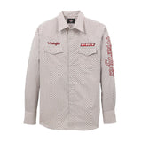 Wrangler PBR logo western shirt with red accents, designed for rodeo lovers and cowboy culture enthusiasts.