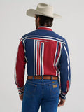 Back view of a man wearing a Wrangler® Brushpopper Western Snap Shirt in Americana red, white, and blue stripes.