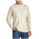 Ariat FR Long Sleeve Work Crew Shirt 10012254 in beige with rib-knit collar and cuffs, featuring raglan armholes for mobility.
