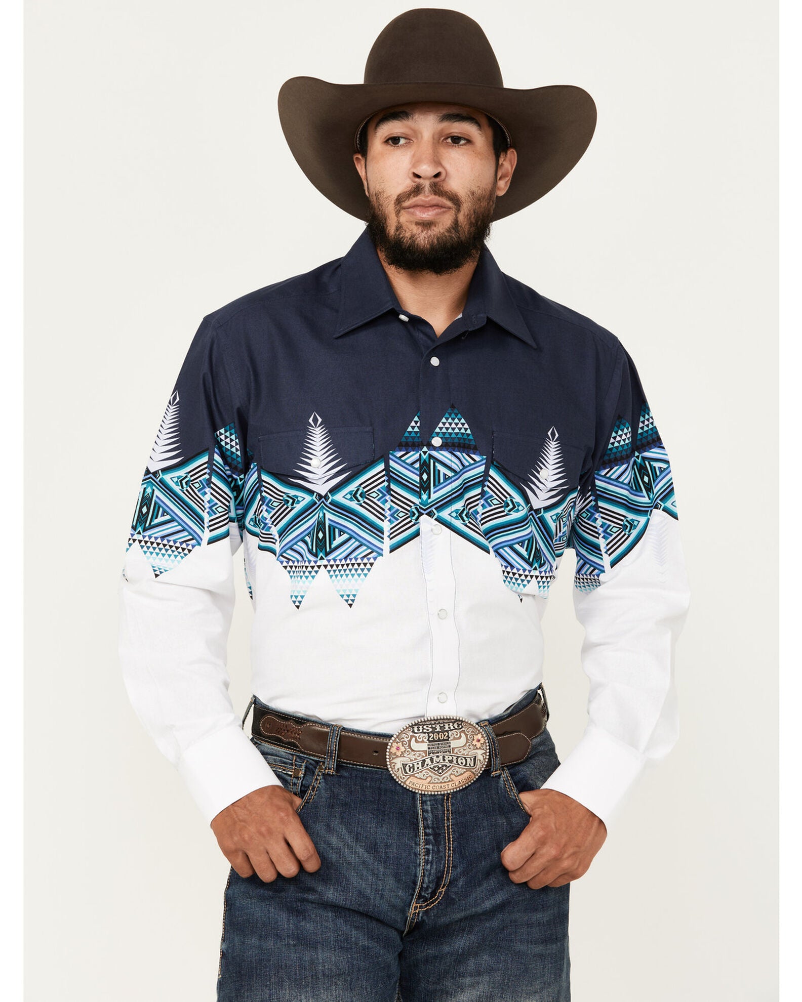 Panhandle Men's Southwestern Border Print Long Sleeve Pearl Snap Western Shirt