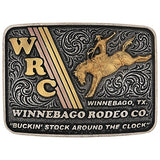Montana Silversmiths Winnebago Rodeo Company buckle featuring a cowboy on a bucking horse with intricate detailing.