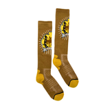 Lucky Chuck Lucky Bucking Cowgirl tan socks with vibrant yellow design, suitable for unisex, one size fits all.