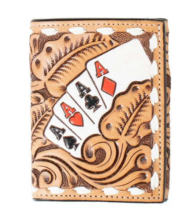 3D Mens Trifold Wallet Hand Painted Ace Cards Natural