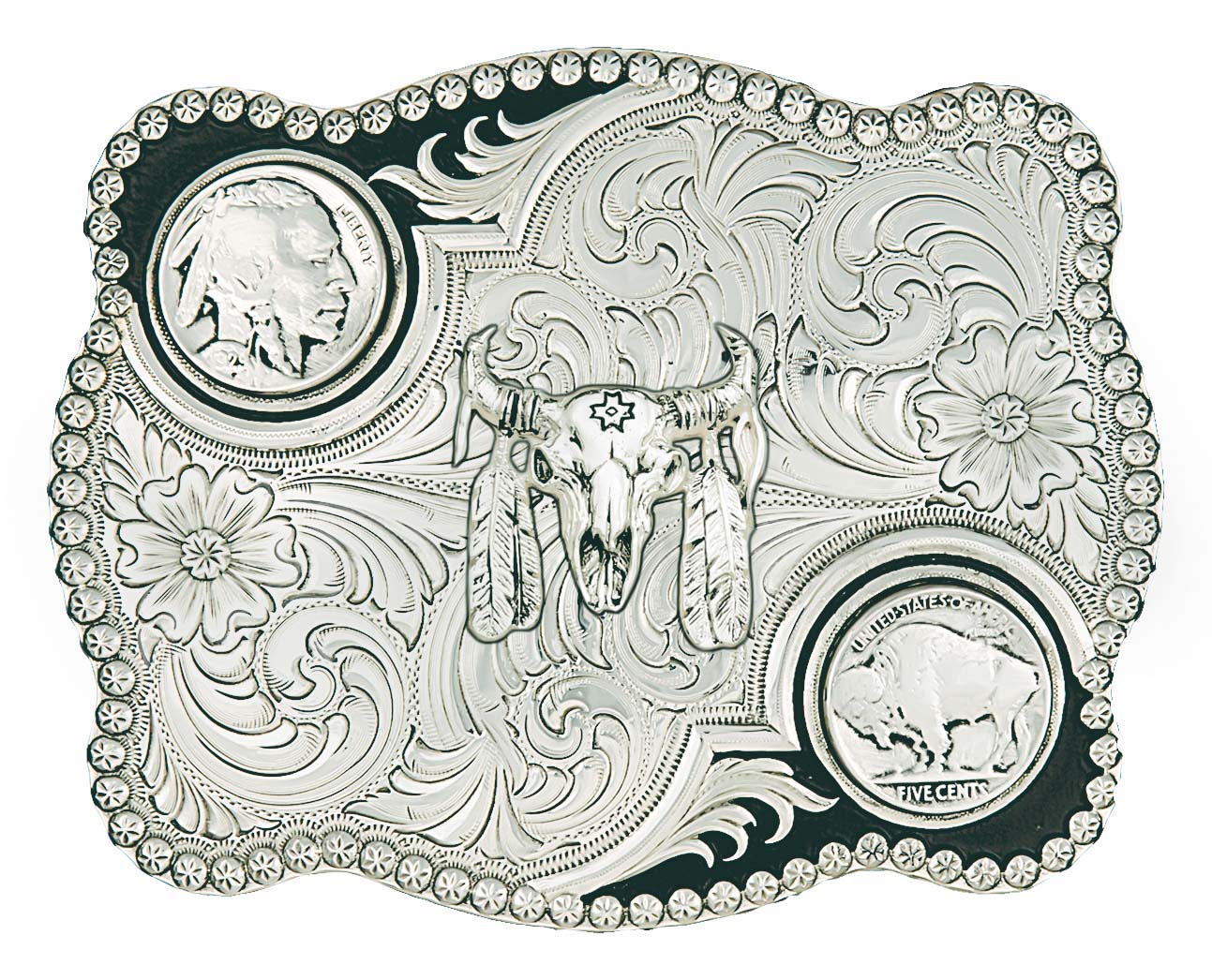 Antiqued Buffalo Nickel Flourish Buckle with Buffalo Skull