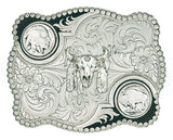 Antiqued Buffalo Nickel Flourish Buckle with Buffalo Skull