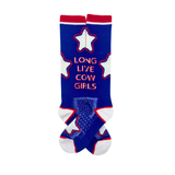 Lucky Chuck Long Live Cowgirls red and blue socks with stars, moisture-wicking, one size fits all.