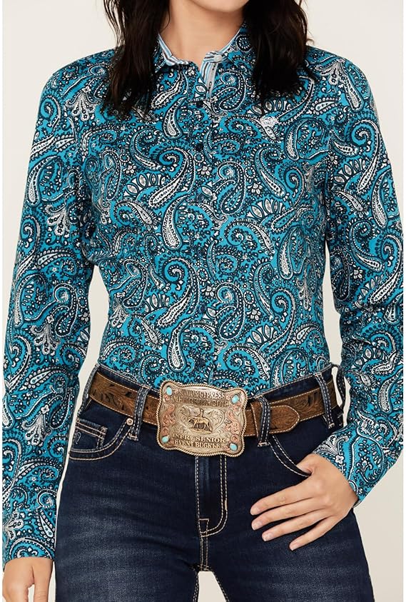 Womens Blue Paisley Button Down Shirt