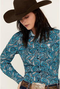 Womens Blue Paisley Button Down Shirt