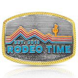 Montana Silversmiths Retro Rodeo buckle featuring colorful mountain skyline and cactus design.