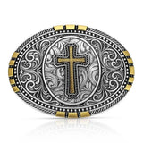Montana Silversmiths Established Faith Buckle - Two-Tone Western Belt Buckle with Cross
