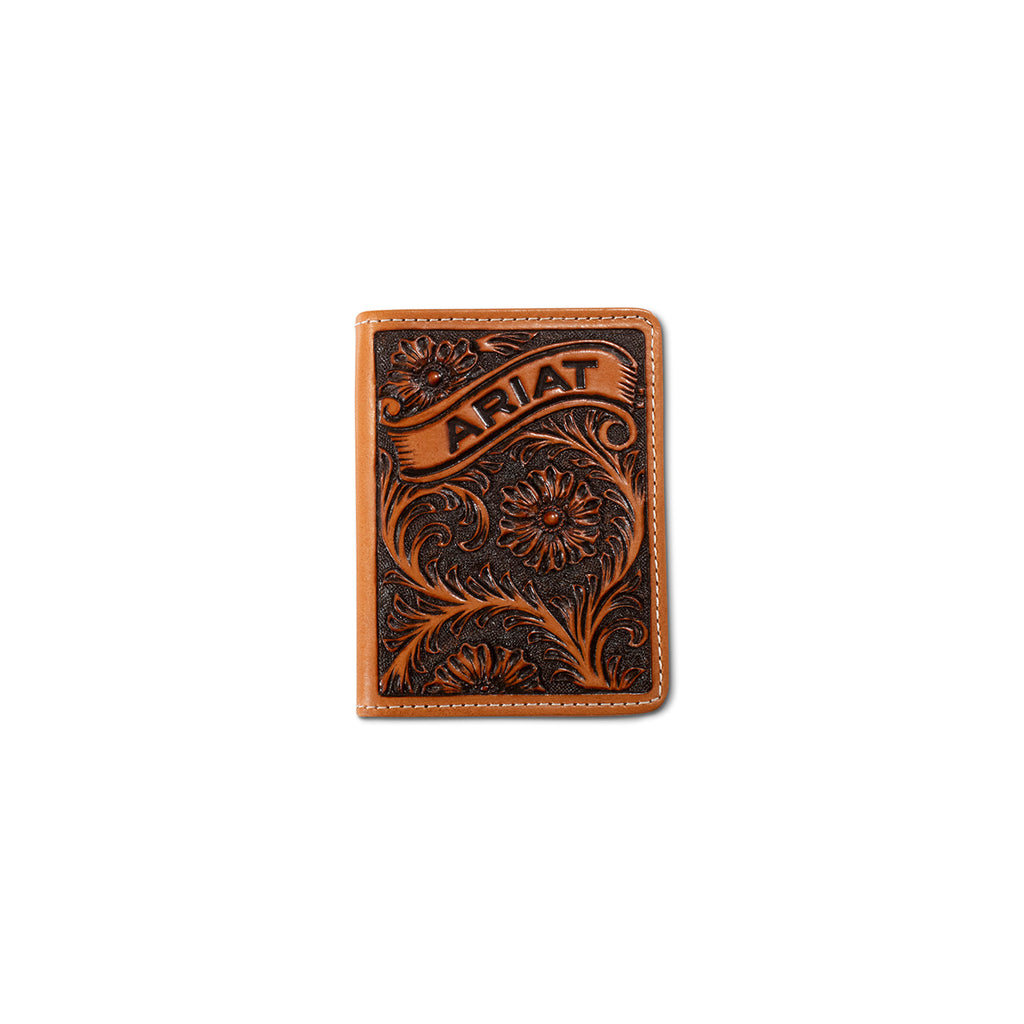 Ariat Mens Bifold Flip Style Wallet Floral Ariat Banner Tan