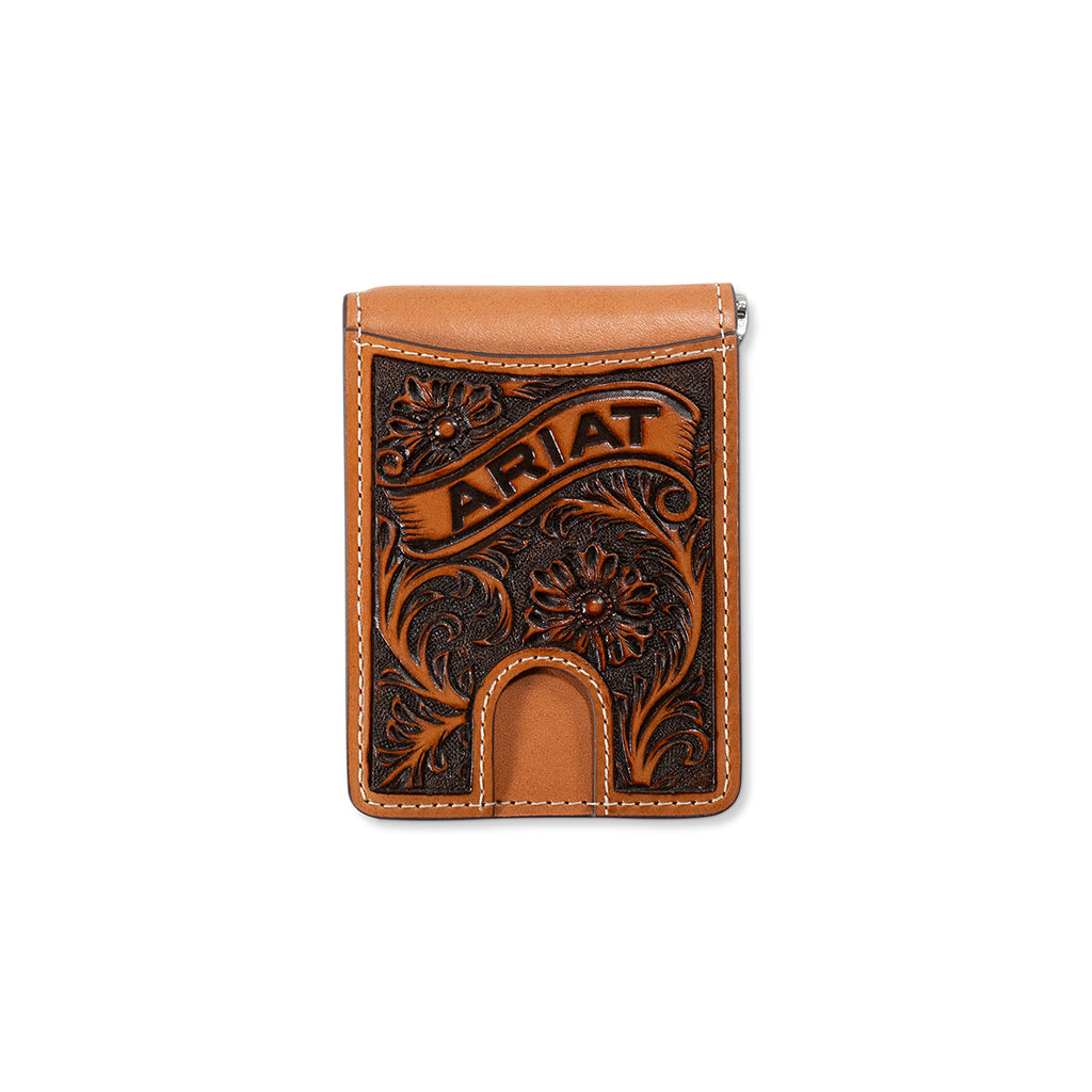 Ariat Mens Bifold Moneyclip Style Wallet Floral Ariat Banner Tan