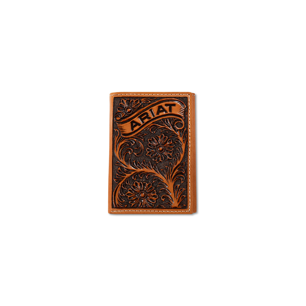 Ariat Mens Trifold Style Wallet Floral Ariat Banner Tan