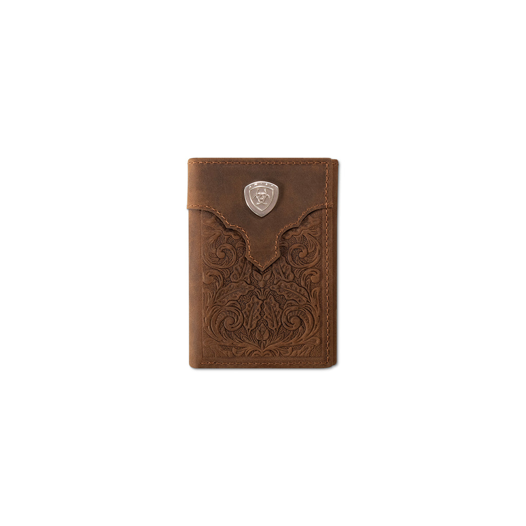 Ariat Trifold Wallet Overlay Scroll Embossed Medium Brown