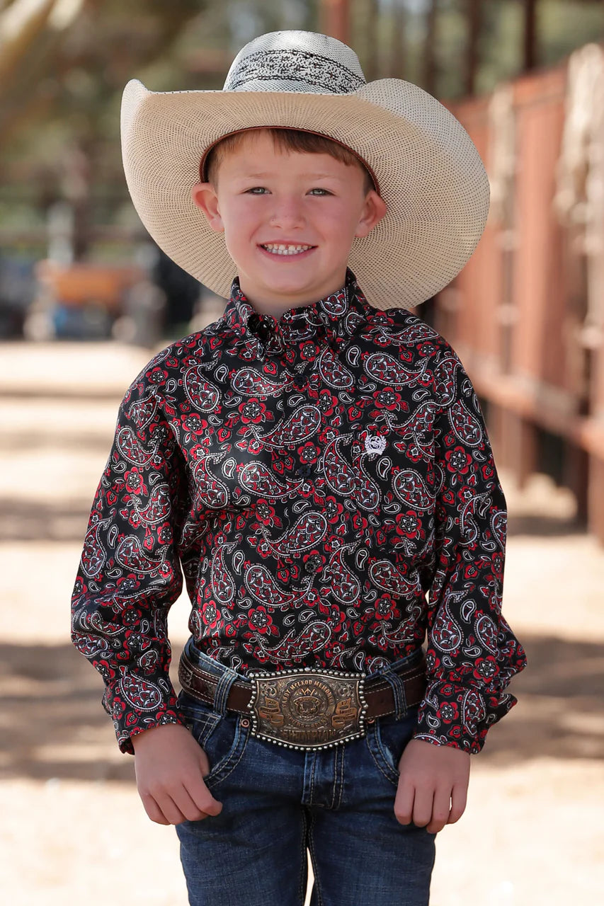 Black and Red Paisley Print Long Sleeve Shirt