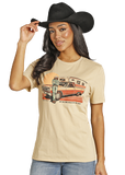 Rock & Roll Denim Rock & Roll Shirt Unisex Dales Truck Graphic Tee worn by a woman in a cowboy hat.