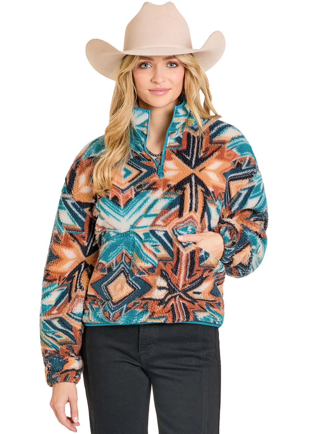 Rock & Roll Denim Aztec Sherpa Womens Pullover in vibrant colors, cozy fleece for chilly evenings.