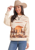 Rock & Roll Denim Women's Horse Graphic Long Sleeve Pullover with sunset and horse design