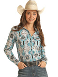 Womens Aztec Print Long Sleeve Shirt Turquoise