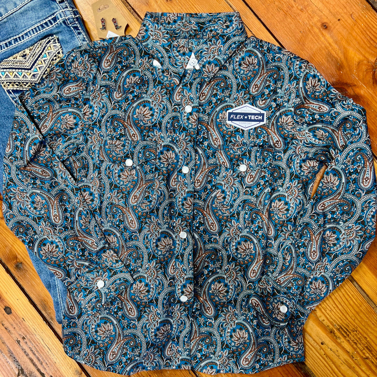 Teal/Brown Paisley Snap Shirt - Youth Girls