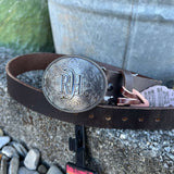 Red Dirt Kids Brown Oiled Leather Belt with decorative buckle and contrasting leather strap.