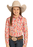Panhandle Slim Youth Girls Long Sleeve Snap Shirt Pink Feathers