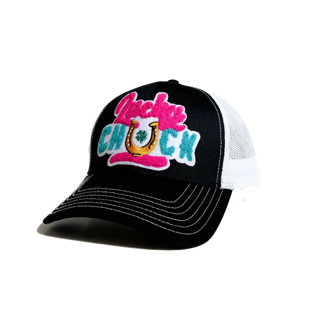 Lucky Chuck Big Logo Patch Trucker Hat - Black Snapback Cap