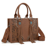 Montana West tooled concho tote/crossbody bag in brown with leather tassels and antique silver concho details.