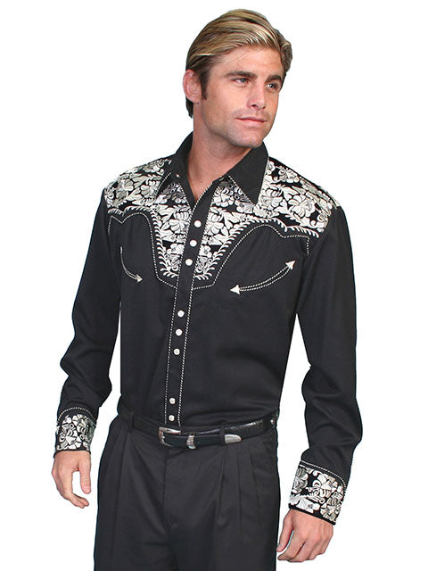 Scully Men's Floral Tooled Embroidered Western Shirt Black-White L Scully Men's Floral Tooled Embroidered Western Shirt Black-White L