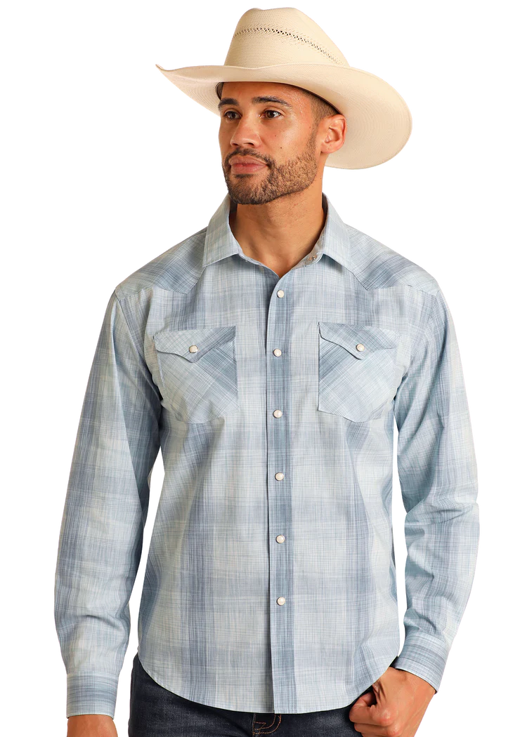 Panhandle Slim Modern Vintage Blue Plaid Long Sleeve Snap Shirt