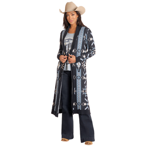 Panhandle Women's Navy Aztec Open Front Duster Cardigan