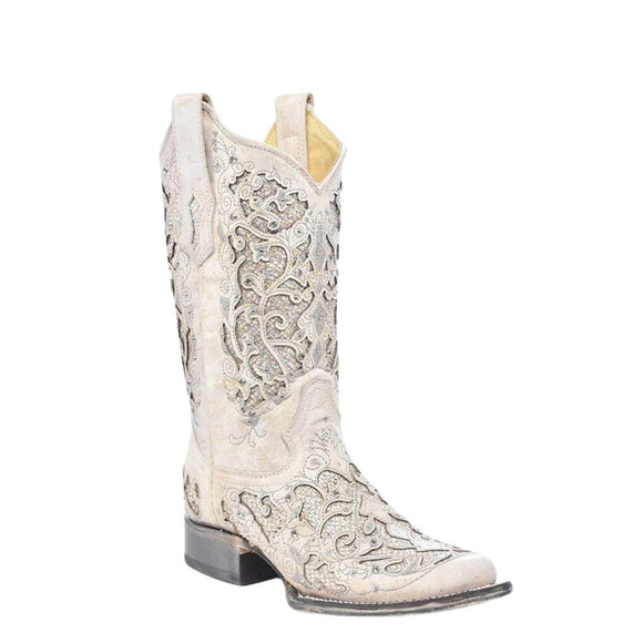 Corral White Glittered Inlay and Crystals Square Toe Wedding Boot