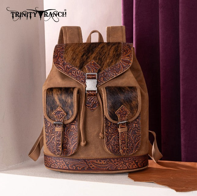 Trinity Ranch Genuine Hair-On Cowhide Tooled Backpack - Brown