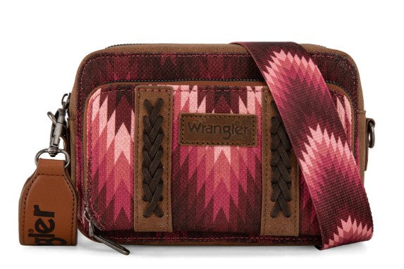 Wrangler Southwestern Pattern Dual Sided Print Crossbody Purse With Wallet Compartment -Dark Pink