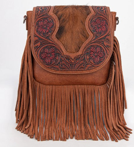 Trinity Ranch Genuine Hair-On Cowhide Tooled Fringe Crossbody Bag-Brown