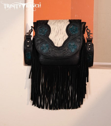 Trinity Ranch Genuine Hair-On Cowhide Tooled Fringe Crossbody Bag- Black