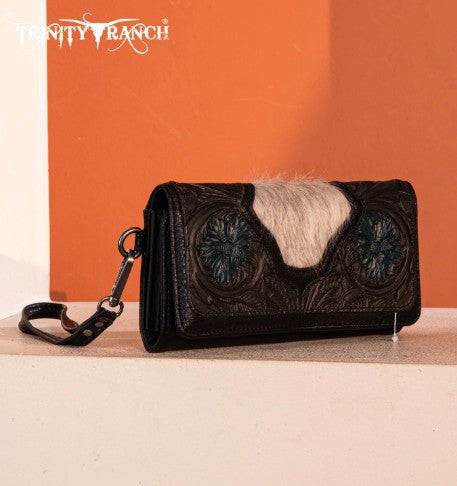 Trinity Ranch Floral Tooled and Hair-On Cowhide Collection Wallet - Black
