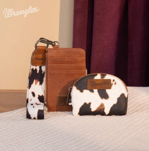 Wrangler Cow Print Dual Pouch Wristlet -Brown