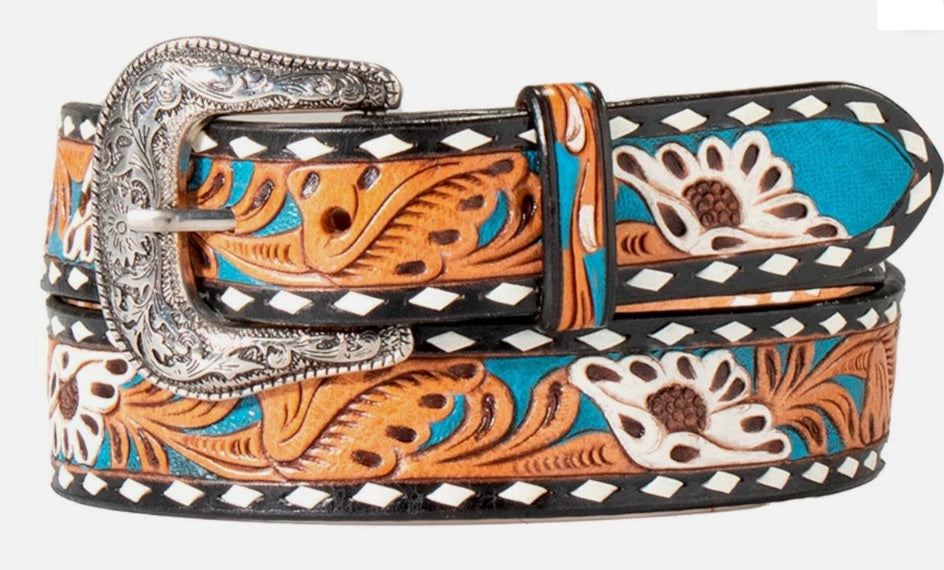 Nocona Western Womens Belt Leather Floral Painted Laced Blue Black with intricate floral tooling and silver buckle.