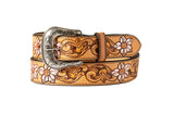 Nocona Ladies Brown Leather Western Belt - Bedecked featuring floral tooled design and silver-toned buckle.