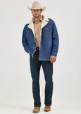 Wrangler Men's Western Sherpa Lined Denim Jacket styled with cowboy hat and boots