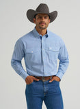 Wrangler George Strait blue long sleeve shirt with a cowboy hat, featuring button-down design and classic style.